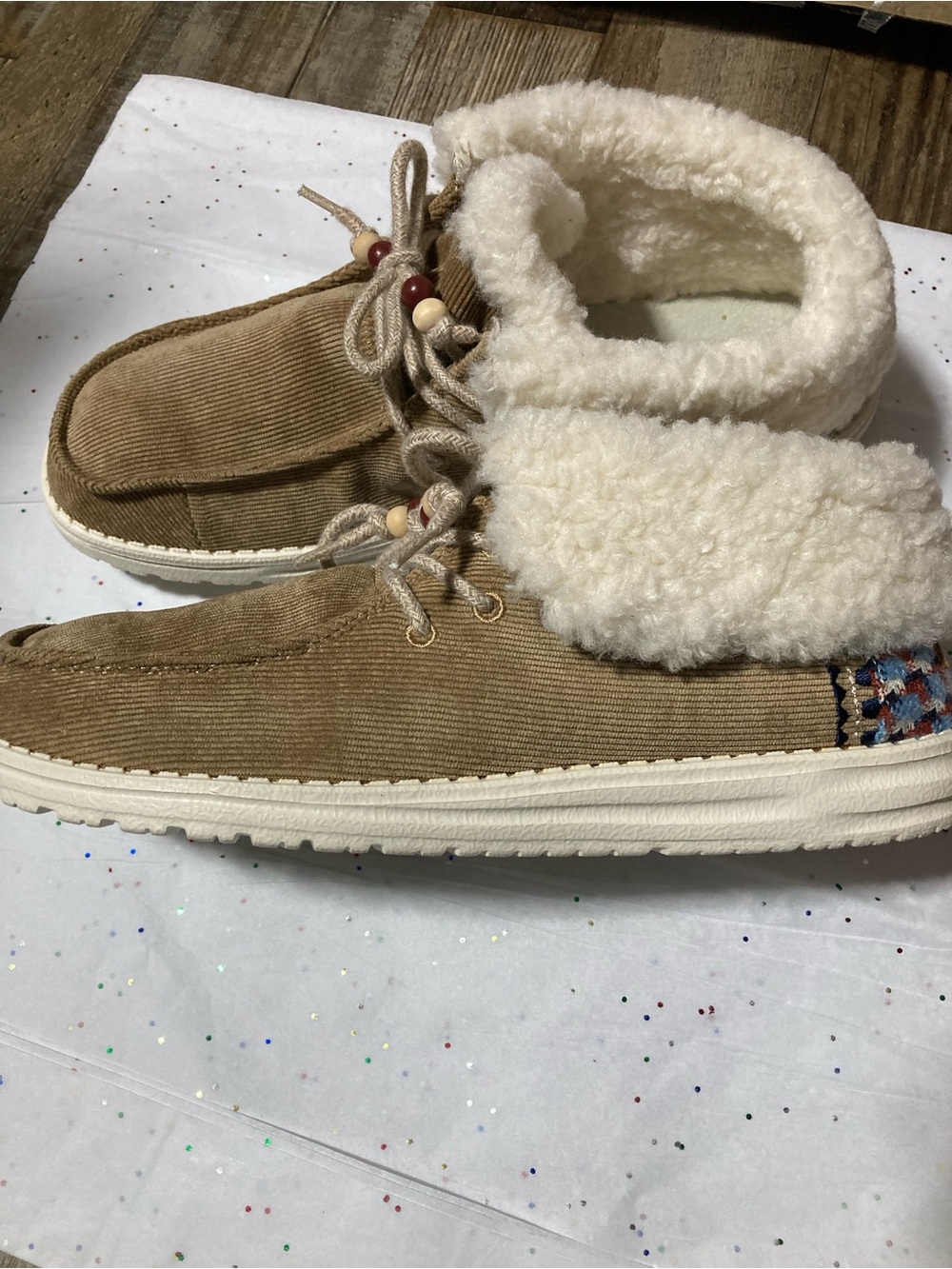 Hey Dude Women's Corduroy Ankle Boots in Tan with Cream Faux Shearling